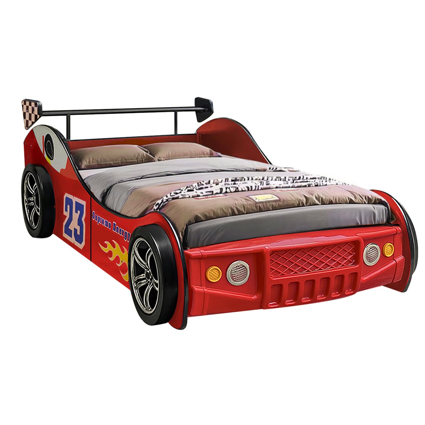 LKTART Twin Size Car Bed for Kids, Race Car-Shaped Wooden Platform Bed Frame with Headboard Wheels and Support Slats for Boys Toddlers Child's Bedroom (Red)