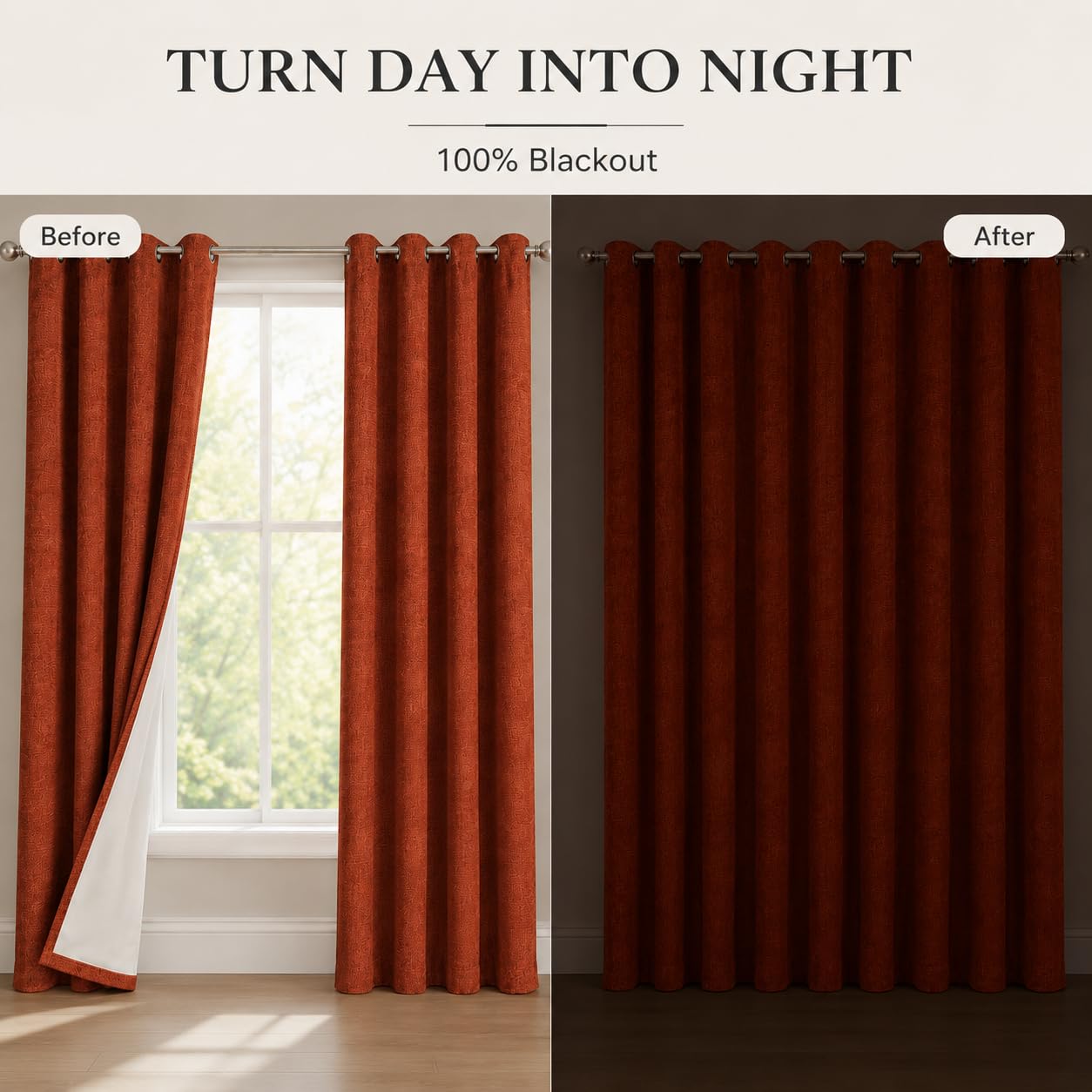 Fchozu 100% Blackout Curtains Set of 4 Panels, Grommet Drapes, Thermal Insulated and Noise Reducing Room Darkening Curtains for Bedroom Living Room (Dark Orange, 38 x 54 Inch)