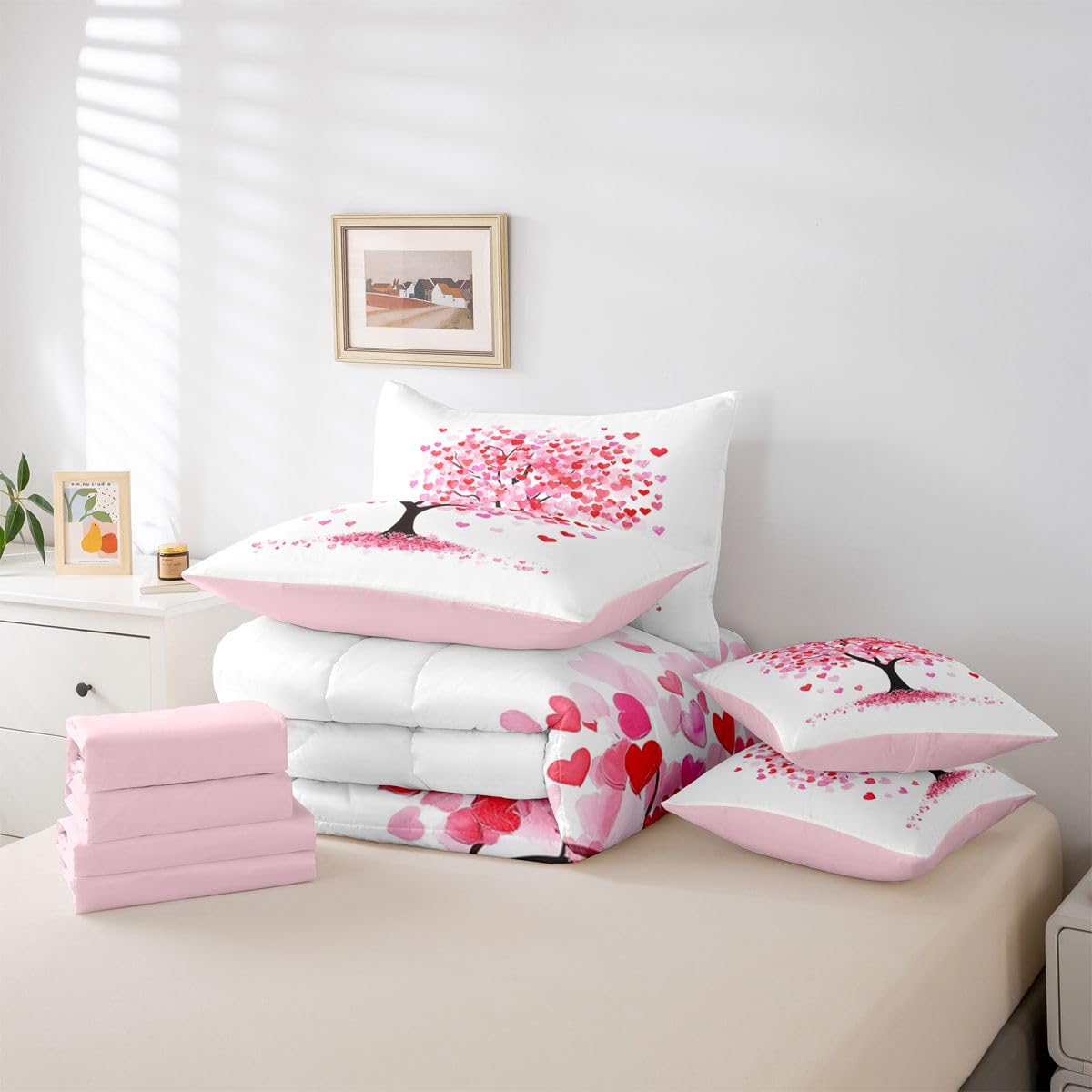 Erosebridal Pink Love Comforter Sets with Sheets - Valentine Tree with Hearts Bedding Set Full for Boys Girls Romantic Couple 7Pcs Bed in A Bag Housewarming Gifts Bed Set