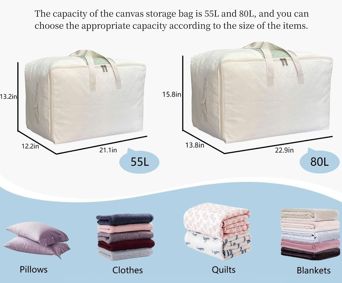 DoYiKe Soft Large Canvas Storage Bags with Zipper and Clear Window, Cotton Linen Storage Organizer for Pillows, Quilt, Blankets and Comforter, 80L, 4 Pack, Beige