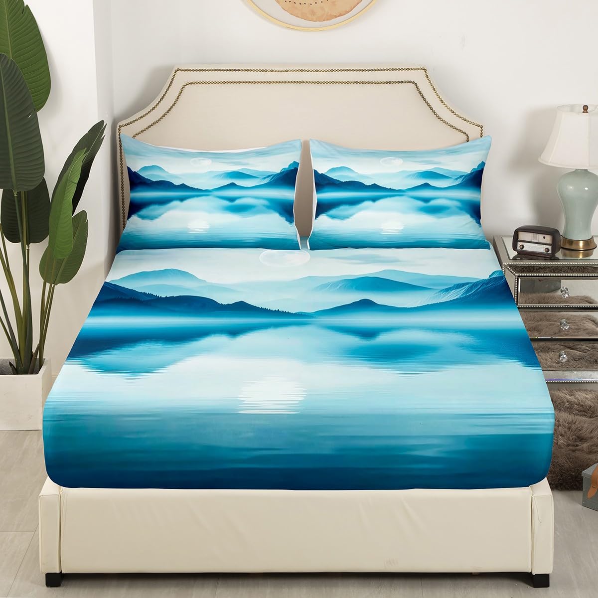 Feelyou Smoky Mountain Bedding Sheets Full Foggy Scenic Bed Sheet Set for Adult Kids Teal Blue Fitted Sheet Natural Landscape Bed Cover 3Pcs,1 Fitted Sheet+2 Pillow Sham（No Flat Sheet）