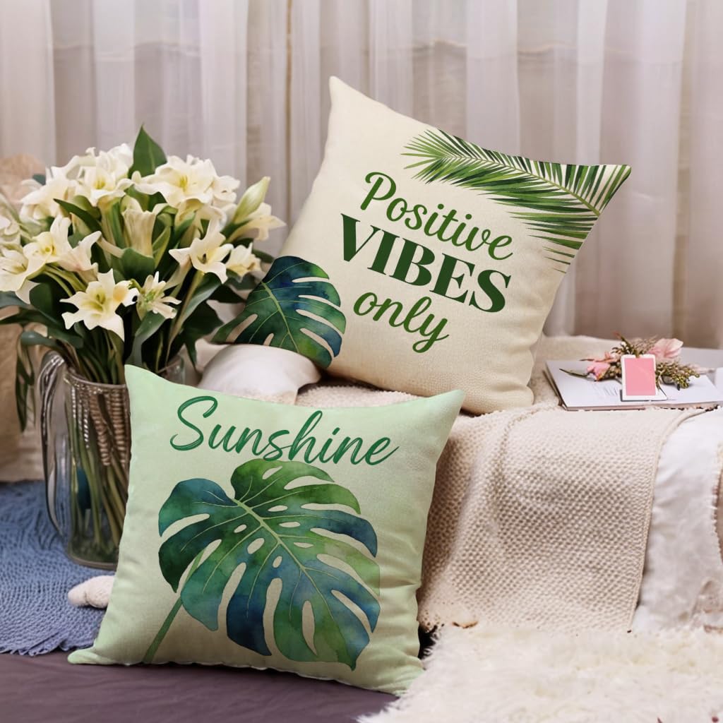 Set of 4 Summer Tropical Leaves Throw Pillow Covers 18x18 Inch, Green Plant Positive Vibes Sunshine Quote Cushion Cover Farmhouse Summer Sunshine Home Decor Pillowcases ,for Sofa Couch Patio (Green)