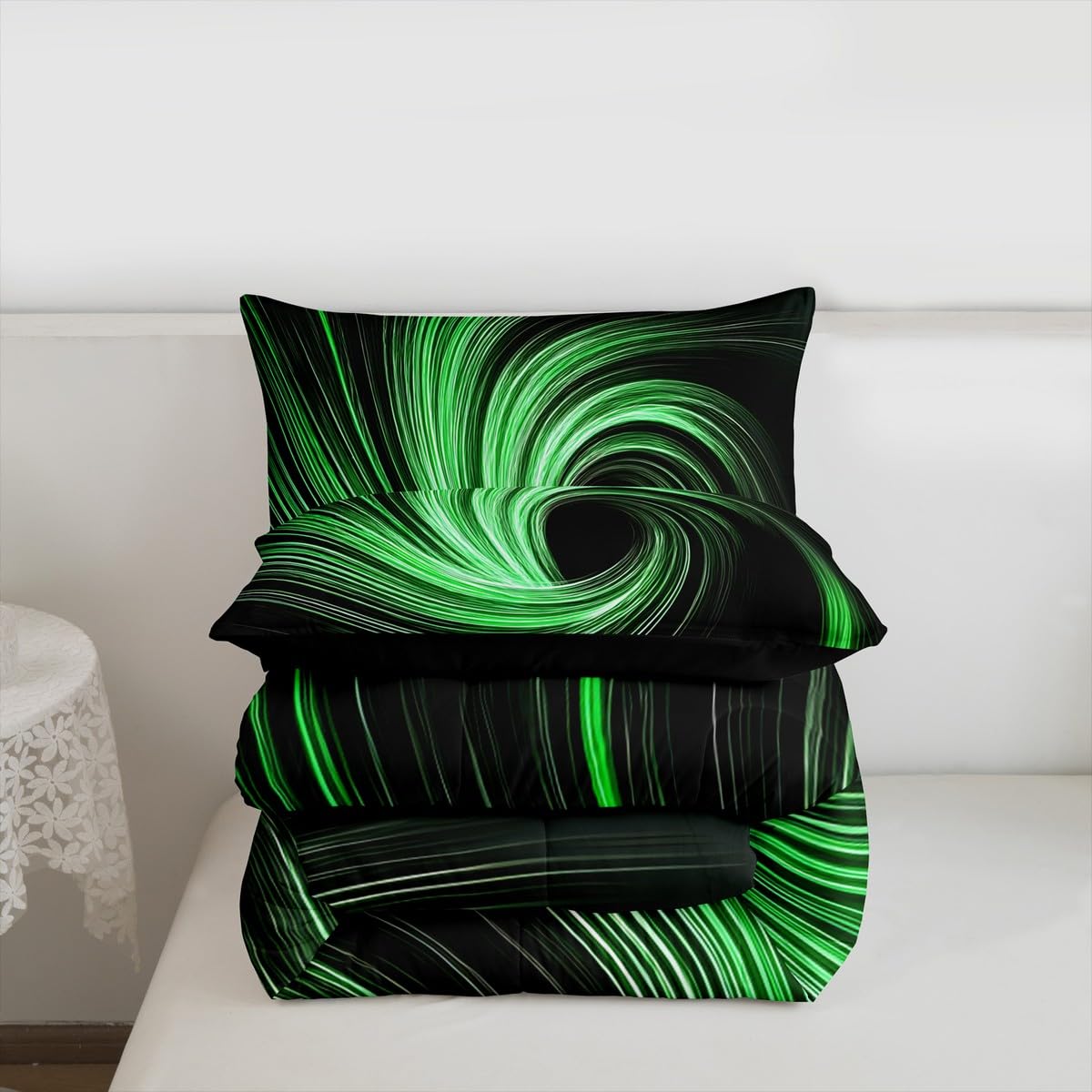 Erosebridal Green Black Kids Comforter Sets Black Hole Abstract Geometric King Bedding Set for Boys Girls Modern Circle Swirl Striped Comforter Set,Fashion Geometric Stripes Line Quilt Duvet 3 Pcs