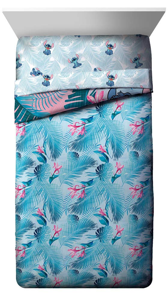 Jay Franco Disney Lilo & Stitch Floral Fun Twin Comforter & Sham Set - Super Soft Kids Reversible Bedding - Fade Resistant Microfiber (Official Disney Product)