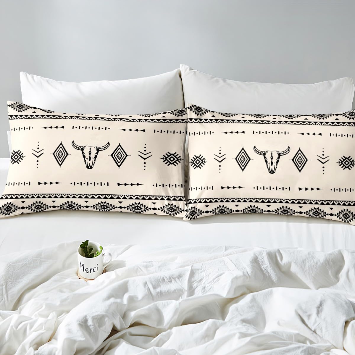 Erosebridal Full Size Western Cowboy Flat Fitted Sheet, Bull Skull Bed Sheets Set for Boys Girls Men Room Decor, Boho Aztec Ethnic Horns Bedding Set, Southwestern Native Bed Sets