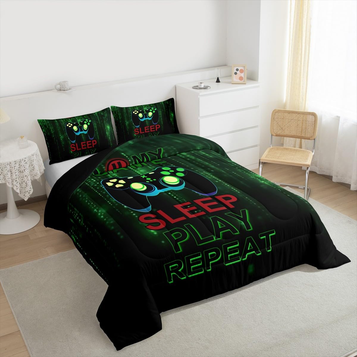 jejeloiu Gamer Comforter Set Twin Size Gaming Bedding Set for Kids Boys Girls Video Game Duvet Quilt Game Room Decor Bedroom Decor Microfiber 2 Pcs with 1 Pillow Cases