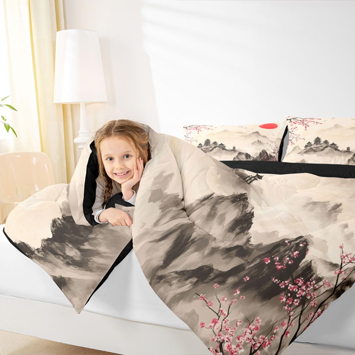 jejeloiu Chinese Ink Painting Comforter Set All Season Japanese Style Bedding Set with 2 Pillow Cases Mountain Red Sun Microfiber Kids Queen Bedclothes Cherry Blossom Bedroom Decor Duvet Quilt Soft