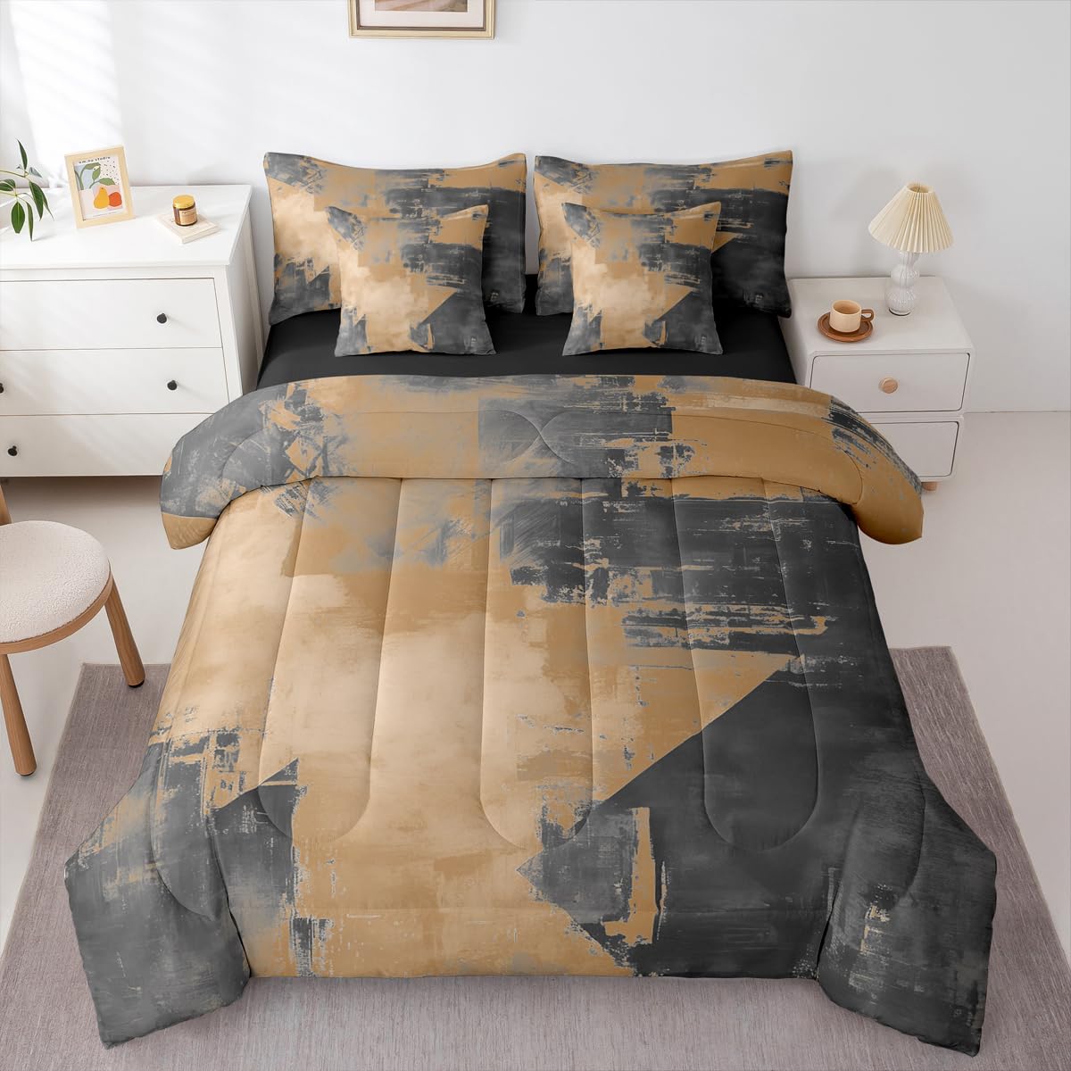 Feelyou Abstract Comforter Set With Sheets 7 Piece King Size Modern Abstract Art Bed in a Bag Kids Boys Girls Luxury Bedding Set Geometric Bedroom Decor Brownish Breathable Soft Lightweight Microfiber