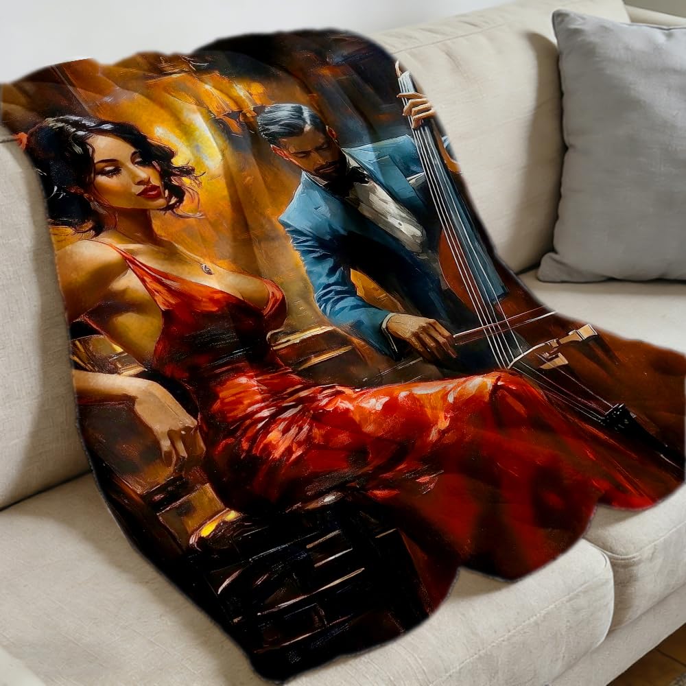 ZHOUSHUTONG African American Music Throw Blanket Black Music Print Super Soft Warm Cozy Flannel Blanket for Couch Bedroom Office Home Decor Gift for Music Lovers 49"x59"