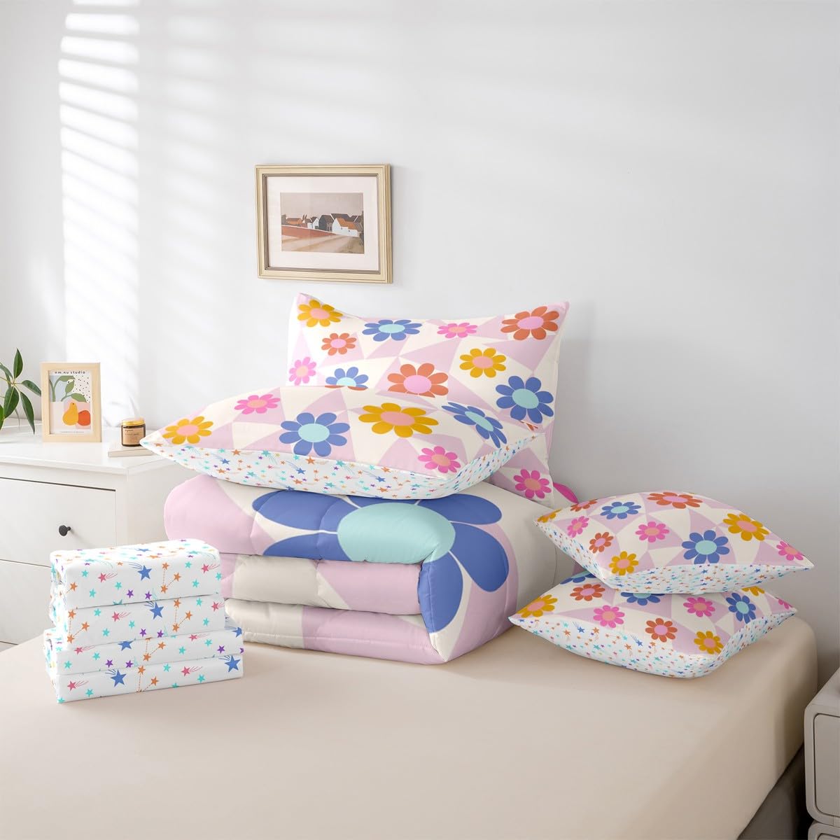 Erosebridal Daisy 7 Pcs Bedding Set for Teen Girls Cute Flower Comforter Set with Sheets Twin Size for Kids Young Women Children Cartoon Floral Bed in A Bag Abstract Aesthetic Geometric Bed Sets