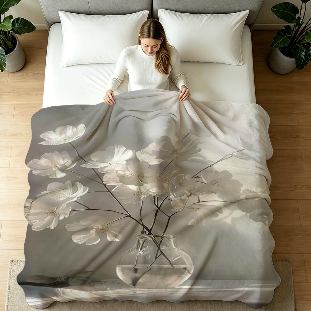 HUNXIAOJ Floral Throw Blanket Flower Blanket for Girls Wildflower Flannel Floral Bedding Warm Soft Flannel for Adults Women Bed Sofa Couch (49in x 59in)