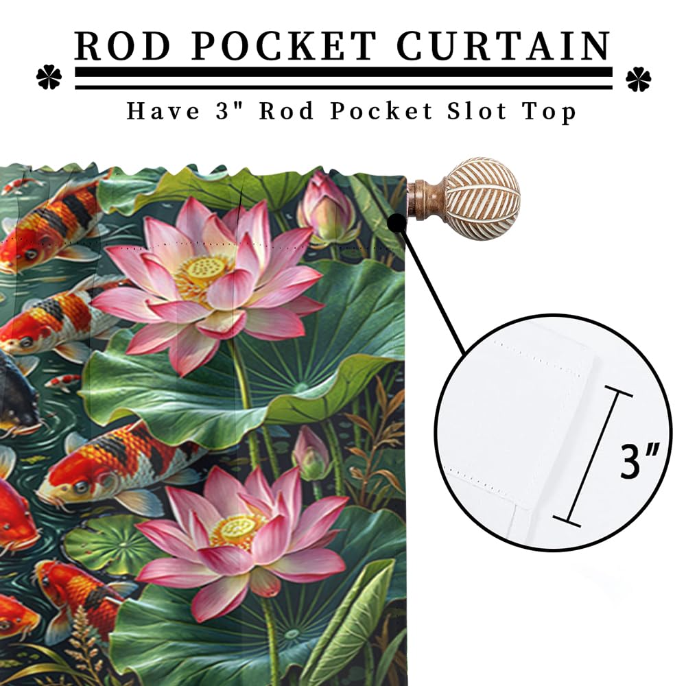 KuracleGH Retro Japanese Lucky Fish Blackout Curtains-Traditional Asian Oriental Fish Rod Pocket Back Tab Drapes,Summer Pond Lotus Floral Leaves Thermal Insulated Curtain,2pcs,Each 21“W x 45”L
