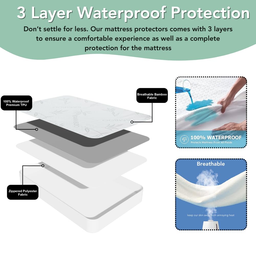 Bamboo Rayon Mattress Protector with Zipper + 2 Pillow Protectors - 100% Waterproof Cooling Full Size Cover - Ultra Soft Fabric Breathable Noiseless Mattress Pad Covers Zippered Encasement