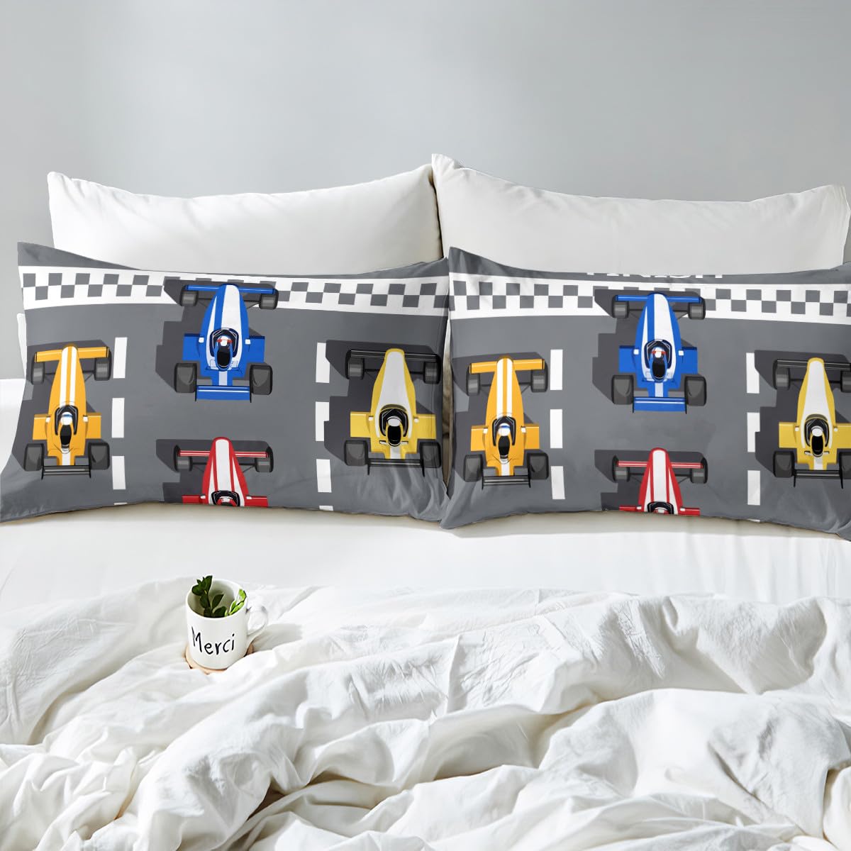 Boys Race Car Bedding Sets Formula Car Racer Fitted Sheet Extreme Speed Sports Games Bed Cover for Kids Car Theme Bedroom Decor Formula Racing Car Sheet Set with 1 Pillow Case Twin No Top Flat Sheet