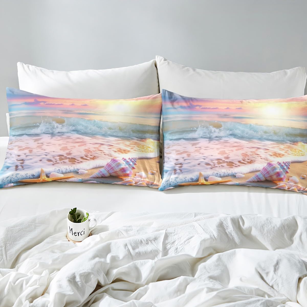 jejeloiu Pink Beach Theme Fitted Sheet Full Size Kids Summer Sea Ocean Sunset Bed Sheets Set for Boys Girls Teens Wave Coastal Starfish Seashell Natural Scenery Bedding Set Room Decor
