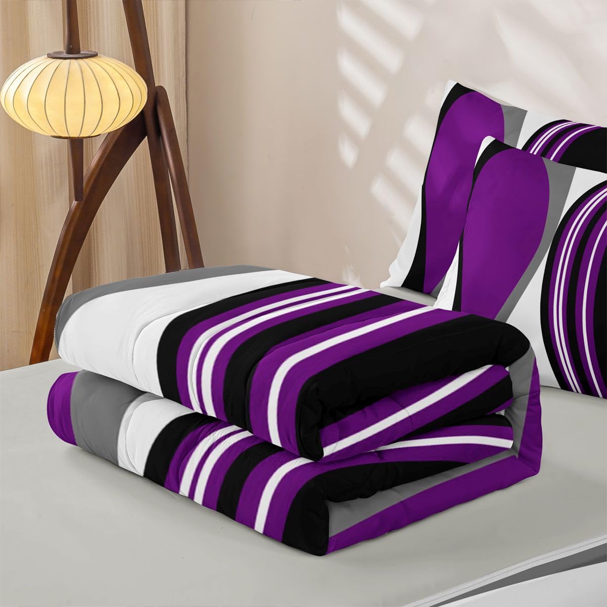 Erosebridal Purple Black Abstract Zipper Bedding Grey Modern Striped Twin Size Comforter Set Geometric Stripes Lines Sheets and Pillowcases Contemporary Art Boho Zipper Bedding Set Room Decor