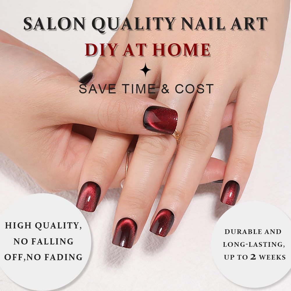 evpct Wine Red Cat Eye Extra Short Press on Nails Square No Glue, Petite Short Square Stick on Nails for Women, Black Wine Red Metallic Glitter Glossy Reusable Press on Acrylic Fake Nail with Designs