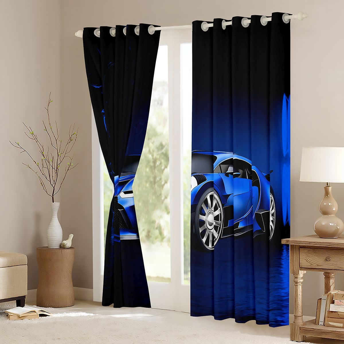 Sports Car Curtains Blue Race Car Window Curtains for Bedroom Living Room Kids Boys Extreme Sports Window Drapesfor Bedroom Living Room Cool Speed Luxury Car Decor Window Treatments 42W X 63L，2 Panels