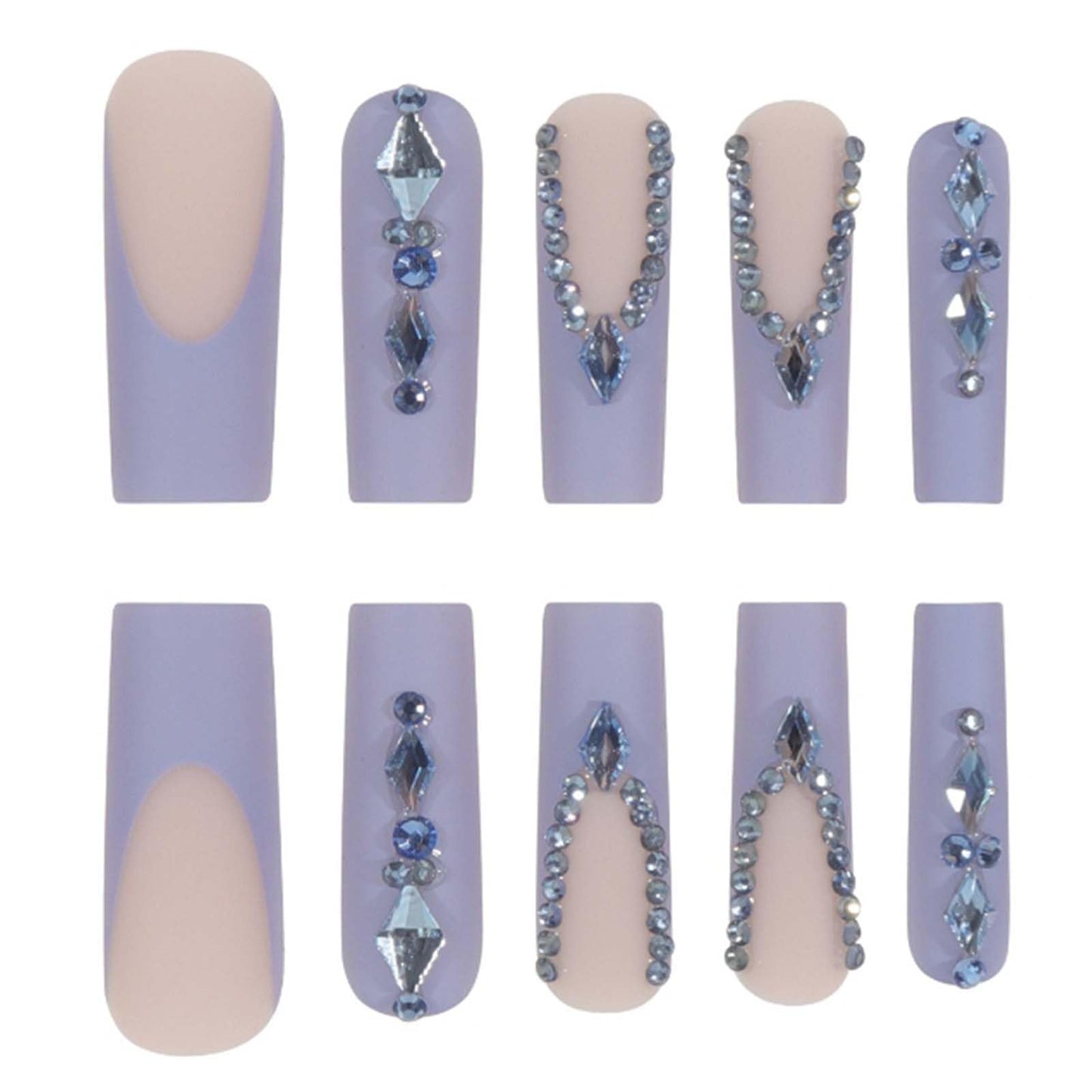 YoYoee Luxury Long Square False Nails Crystal Gem Design Tips Nails Purple French Press on Nails Acrylic Full Cover Fake Nails for Women and Girls 24PCS