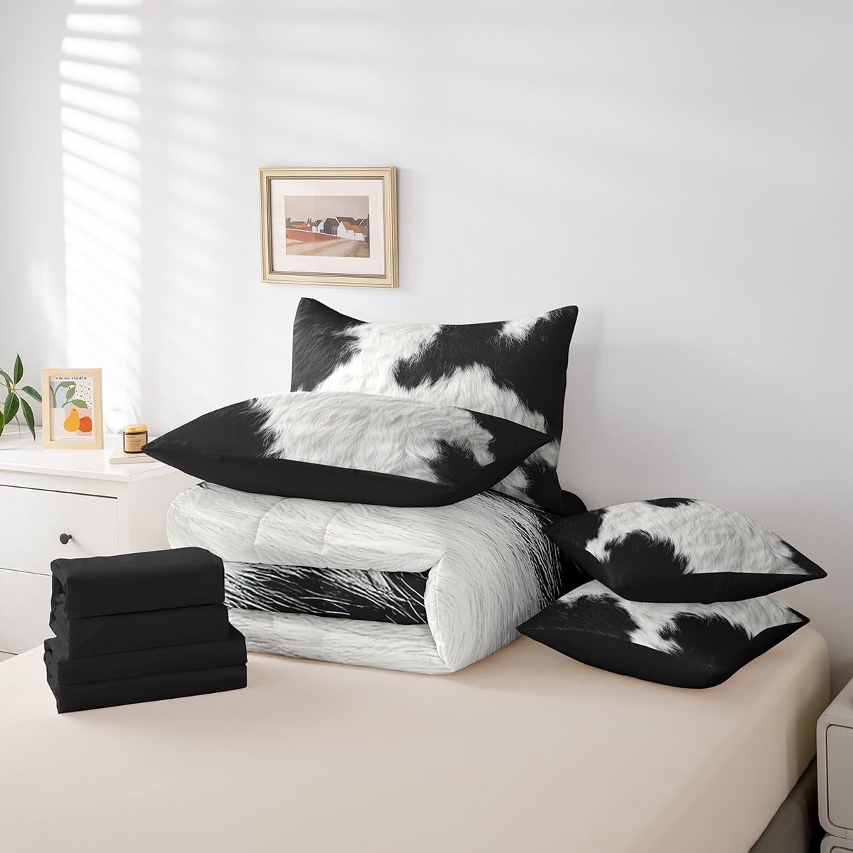 Erosebridal Cute Cow Print King Bedding Set 7 Piece for Boys Black White Cowhide Bed in A Bag for Kids Teens Youth Adult Western Farmhouse Fur Comforter Set with Sheetcountry Animal Skin Bed Sets