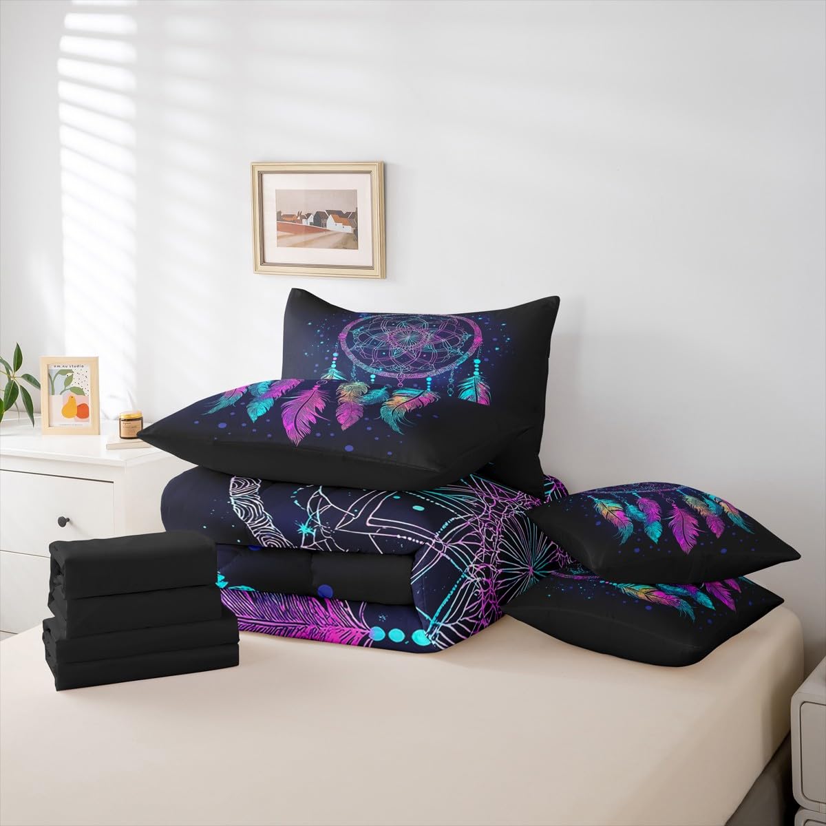 Erosebridal Dream Catcher 7 Piece Bedding Set King Tie Dye Comforter Set with Sheets Mandala Bohemian Feather Bed in A Bag Exotic Ethnic Tribal Hippie Style Bed Sets
