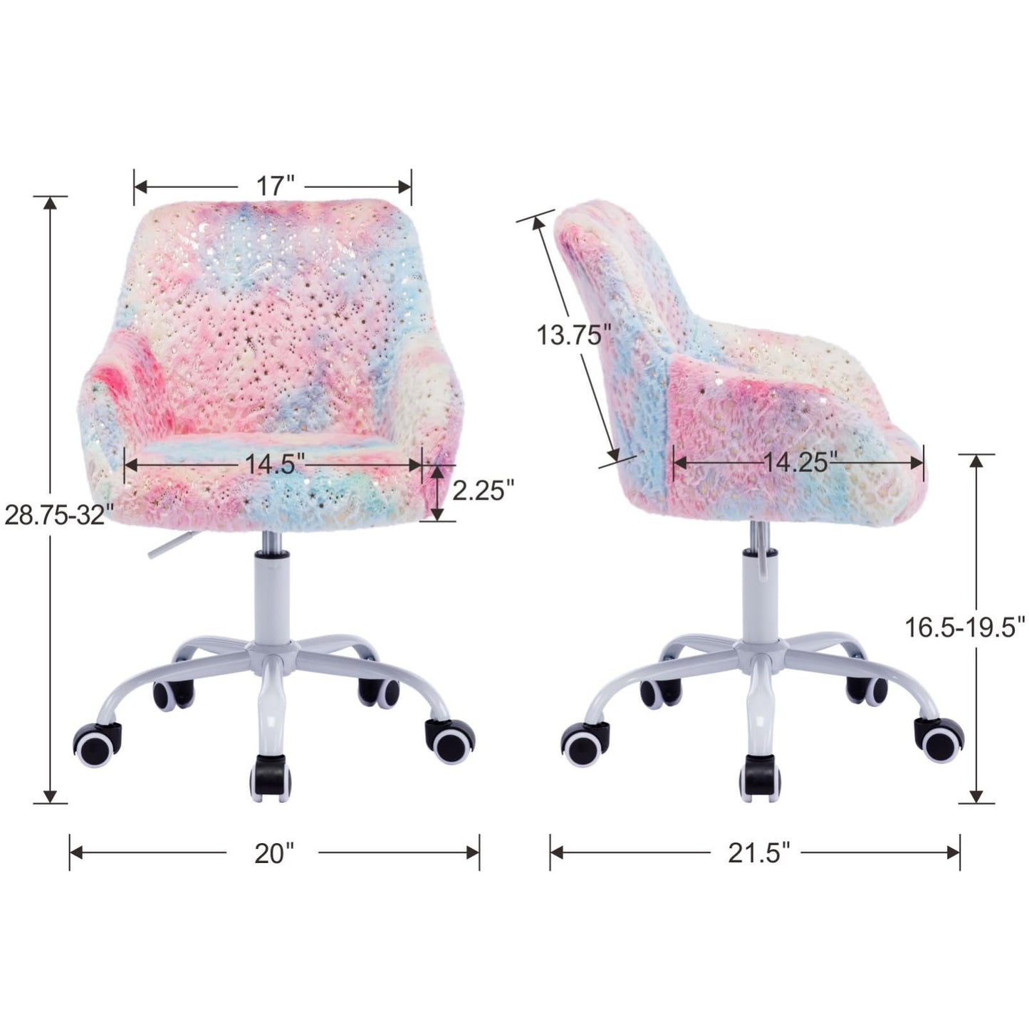 Ya-Home Kids Desk Chair Cute Swivel Reading Chair, Upholstered Adjustable Faux Fur Study Chair with White Wheels for Reading Room Bedroom, Colorful