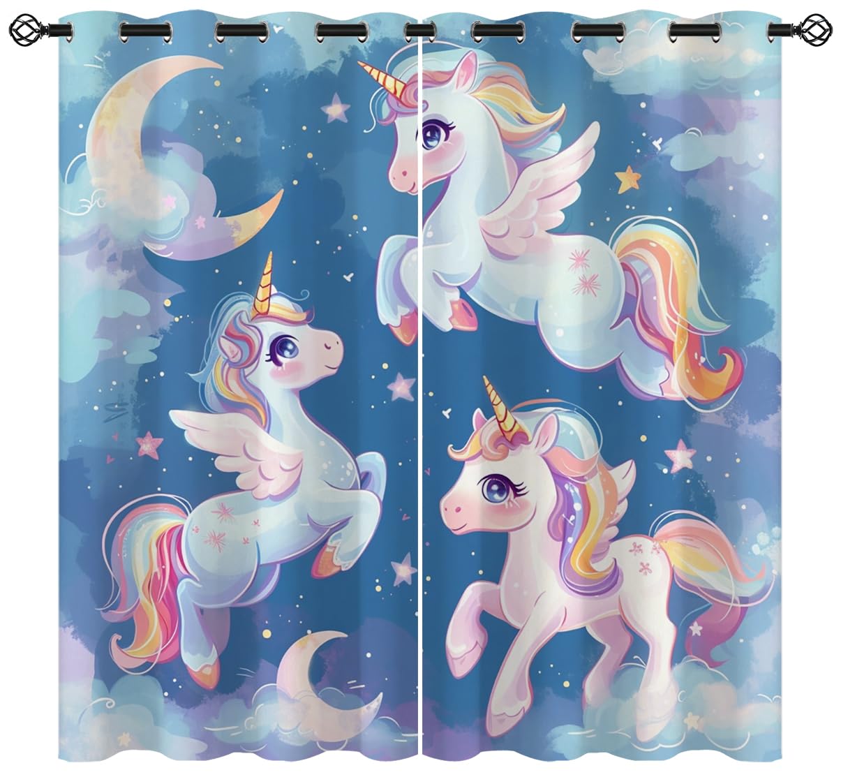 Cartoon Unicorn Blackout Curtains for Girls Boys Kids Home Decor, Fantasy Cute Unicorn Stars Moon Grommet Thermal Insulated Drapes Darkening Window Curtain for Bedroom Living Room, 42 x 45 Inch