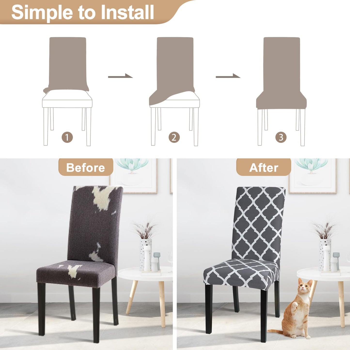 SearchI Dining Room Chair Covers Set of 4, Stretch Spandex Kitchen Slipcovers Removable Washable Geometric Parsons Protector for Room, Hotel, Ceremony (Gray+White)