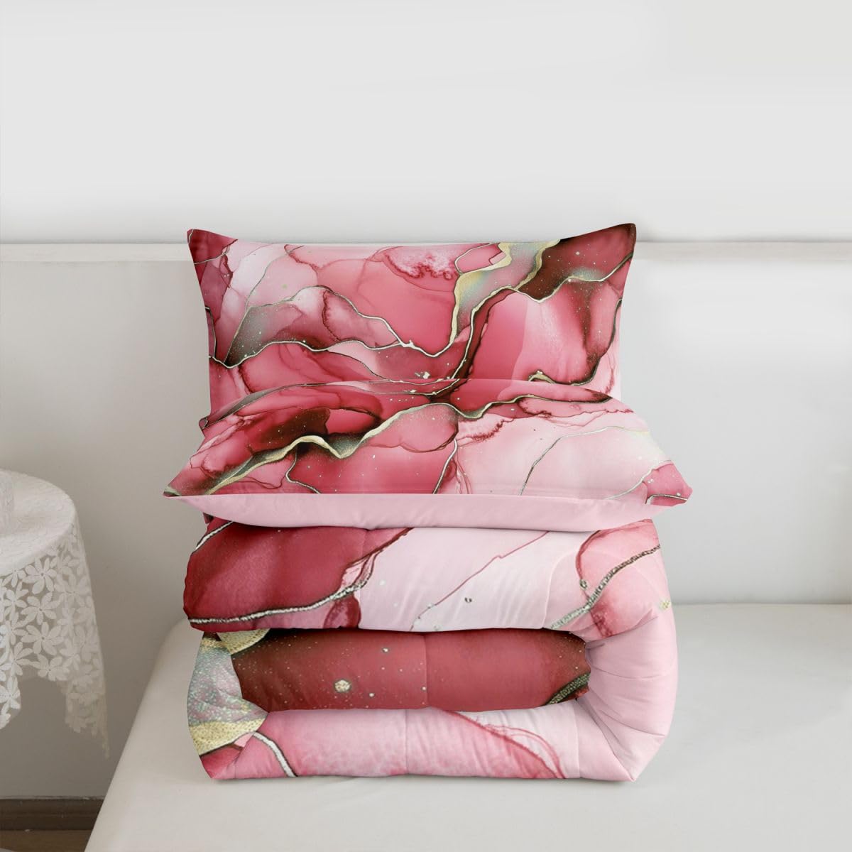 Erosebridal Marble Kids Comforter Sets Pink Marble Print King Bedding Set for Boys Girls Gold Liquid Quicksand Design Comforter Set,Novelty Modern Marbling Quilt Duvet 3 Pcs