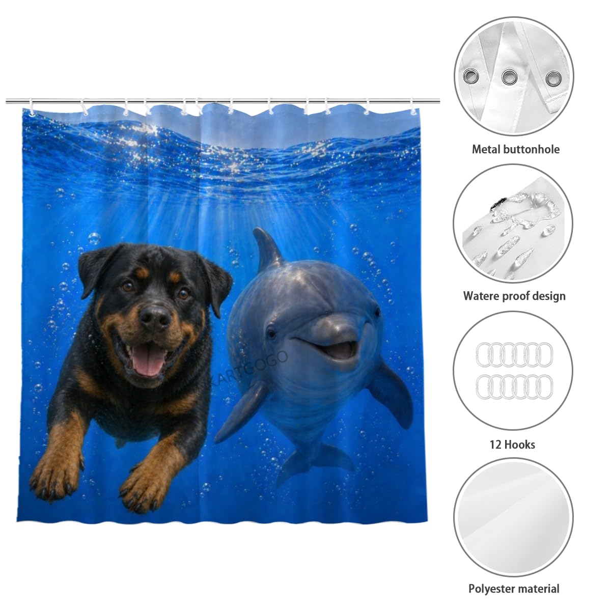 LFINKARTGOGO Ocean Rottweiler Shower Curtain 72x72 with 12 Hooks Underwater Animal Dolphin Waterproof Washable Polyester Bath Curtain for Home Hotel Decor