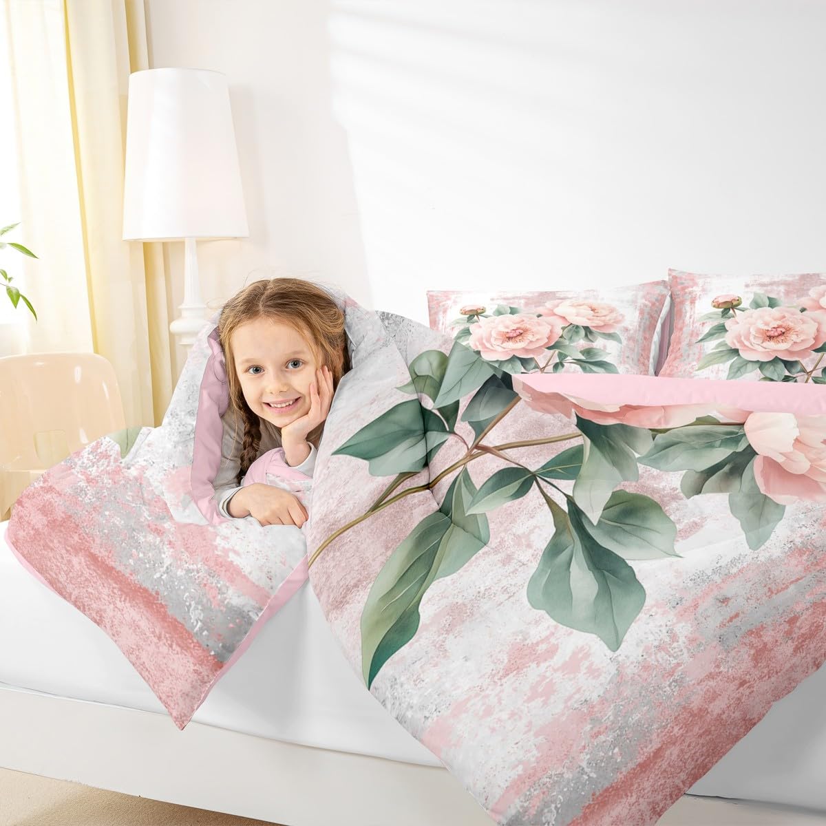 Erosebridal Pink Peony Flower Queen Comforter Set Spring Blossom Bedding Set Abstract Oil Painting Bed Set Watercolor Floral Rustic Farmhouse Quilt Set Ombre Pink Grey Design for Adults