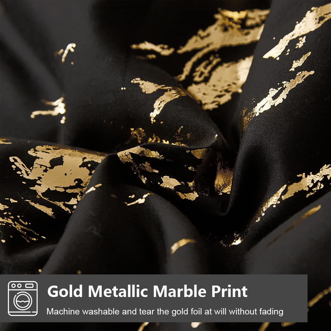 WONGS BEDDING Black Gold Metallic Marble Comforter Set Queen Foil Print Glitter Bedding Sets with 2 Pillowcases for All Seasons, Soft Microfiber Filling Bedding Duvet Set 90"x90"