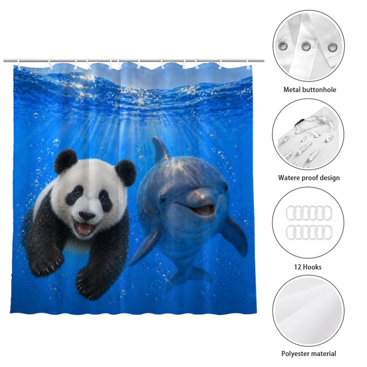 LFINKARTGOGO Ocean Panda Shower Curtain 72x72 with 12 Hooks Underwater Animal Dolphin Waterproof Washable Polyester Bath Curtain for Home Hotel Decor
