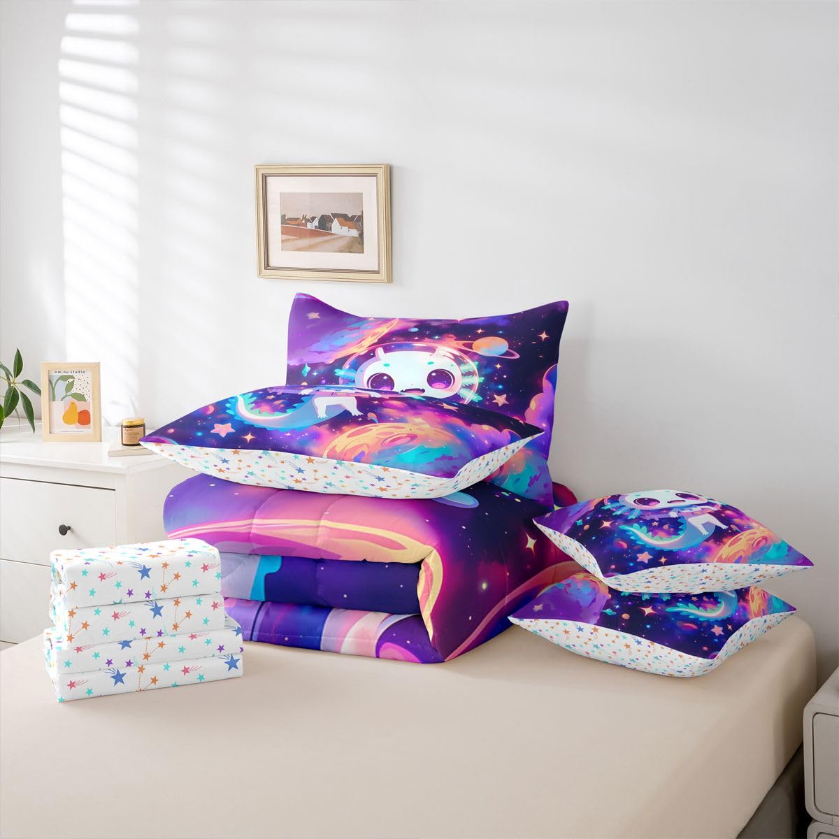Erosebridal Kids Cute Axolotl Queen Bedding Set for Girls Teens Galaxy Planet Space Comforter Set Purple Dreamy Starry Sky 7-Piece Bed in a Bag Princess Axolotl Reptile Animal Quilt Sets