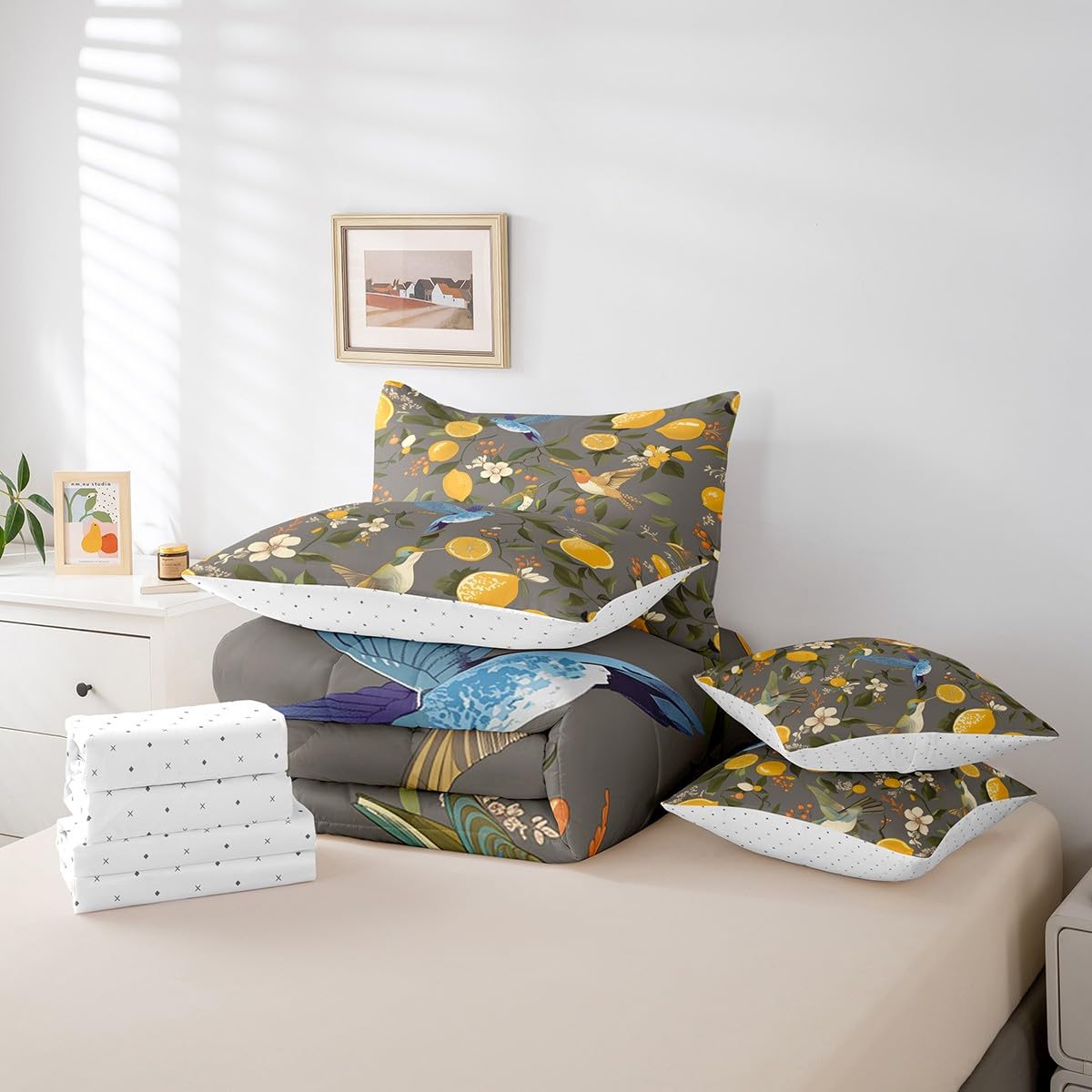 Erosebridal Lemon Trees Bedding Set for Kids Teens,Hummingbirds Comforter Set King Size,Oil Painting Lemon Fruit (Comforter+Fitted+Flat Sheet+2 Pillowcases+2 Throw Pillow Covers) 7 Pieces Bed Set