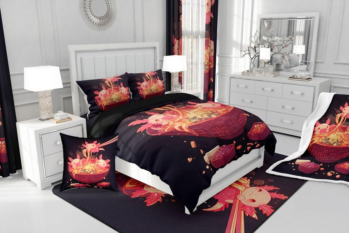 Erosebridal Axolotl and Ramen Bedding Set Queen,Ramen Noodle Comforter Set for Kids Boys Girls,Japanese Food Quilt Bed Set Funny Axolotl Print Bedding Comforter Sets with 2 Pillowcases Room Decor