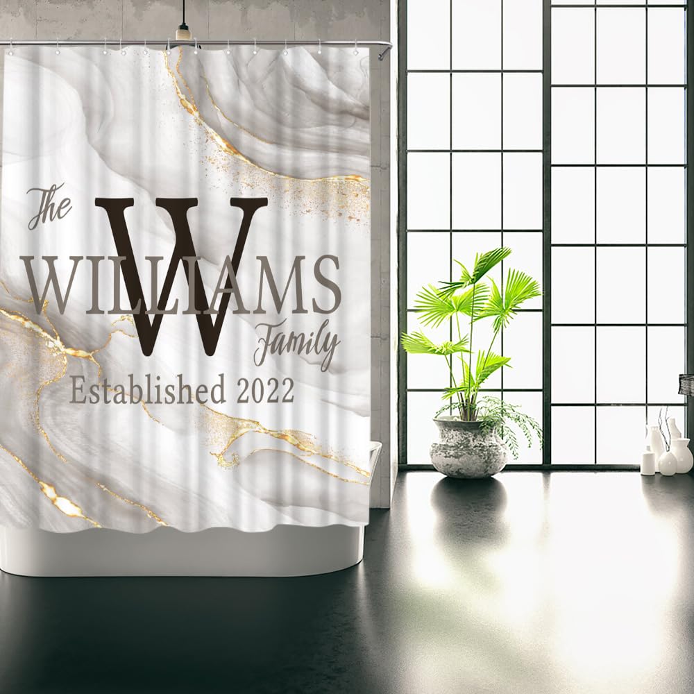 iLOOKLiKE Abstract Marble Shower Curtain Personalized Family Last Name Custom Monogram Grey Jade Texture Gold Stripes Bathroom Curtain Set Modern Durable Fabric Polyester 72x72inch with Hooks