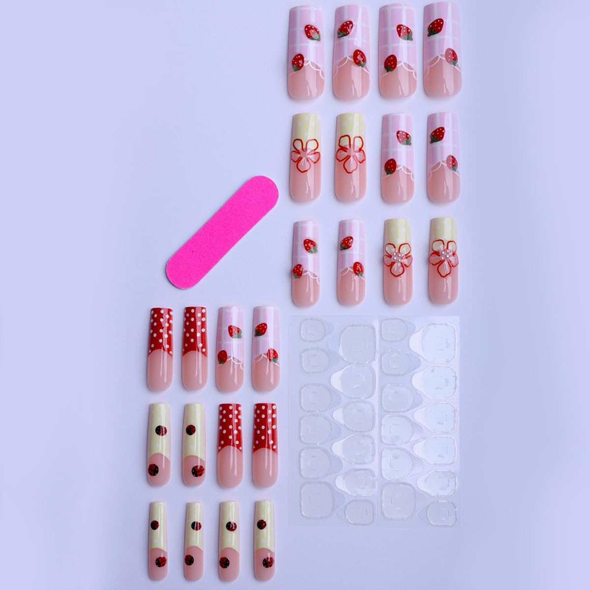 plalely Square Press on Nails Long Pink Stick on Nail Tips with Embossed StrawberryNails Press ons CutePress on False Nails for Women 24pcs