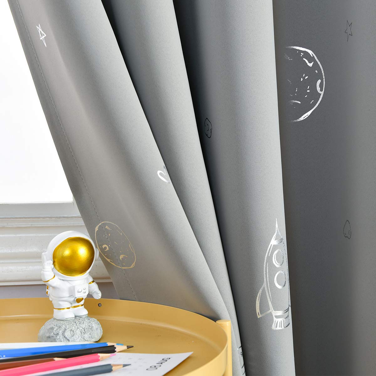 Vangao Grey Kids Curtains for Boys Bedroom Space Theme Blackout Curtains for Kids Nursery Girls Room 84 Inches Length Silver Foil Print Drapes Grommet Top Window Treatments Set 2 Panels