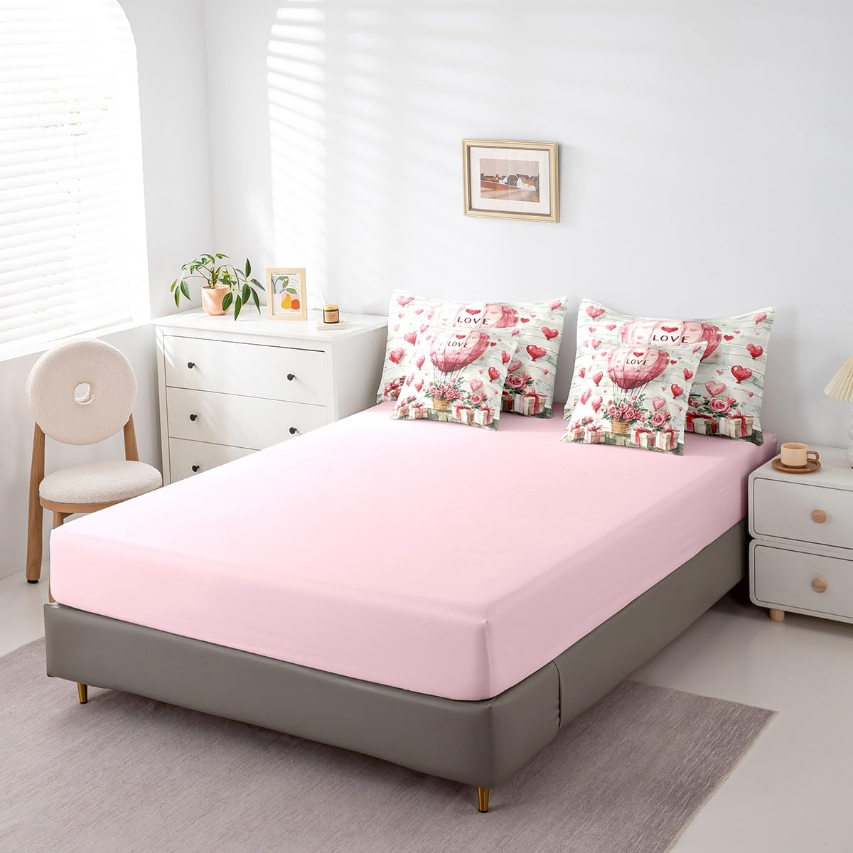 Erosebridal Hot Air Balloon Comforter Set Romantic Roses Valentine's Day Full Bed in A Bag Pink Love Balloon Gift 7 Piece Bedding Set Watercolor Strip Couple Bed Set for Teen Adults Men Women