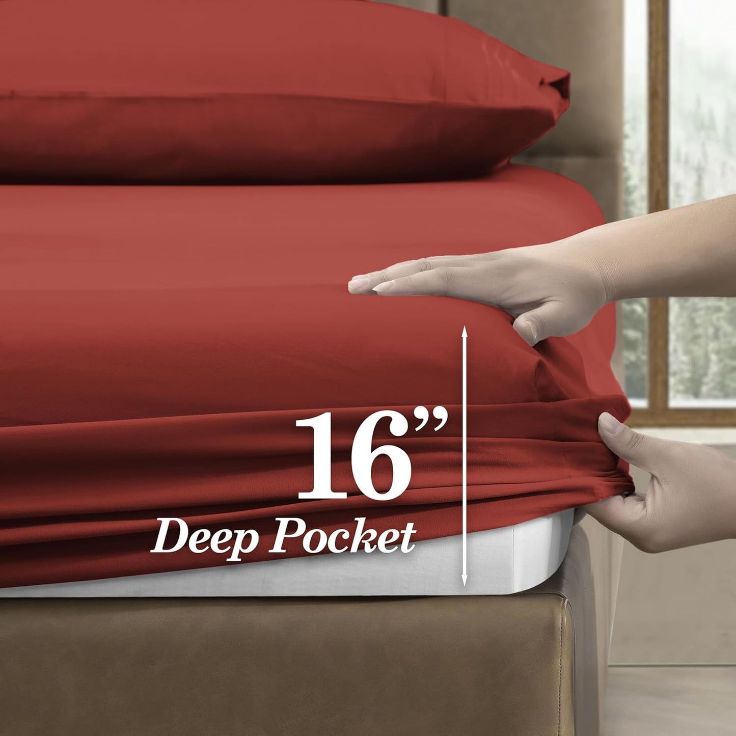 CELINE LINEN Premium 1800 Hotel Quality Wrinkle-Resistant 4-Piece Microfiber Sheet Set - Luxury Ultra Soft and Breathable Bedding 16 Inch Deep Pocket 4PC Sheet Set, King, Rust