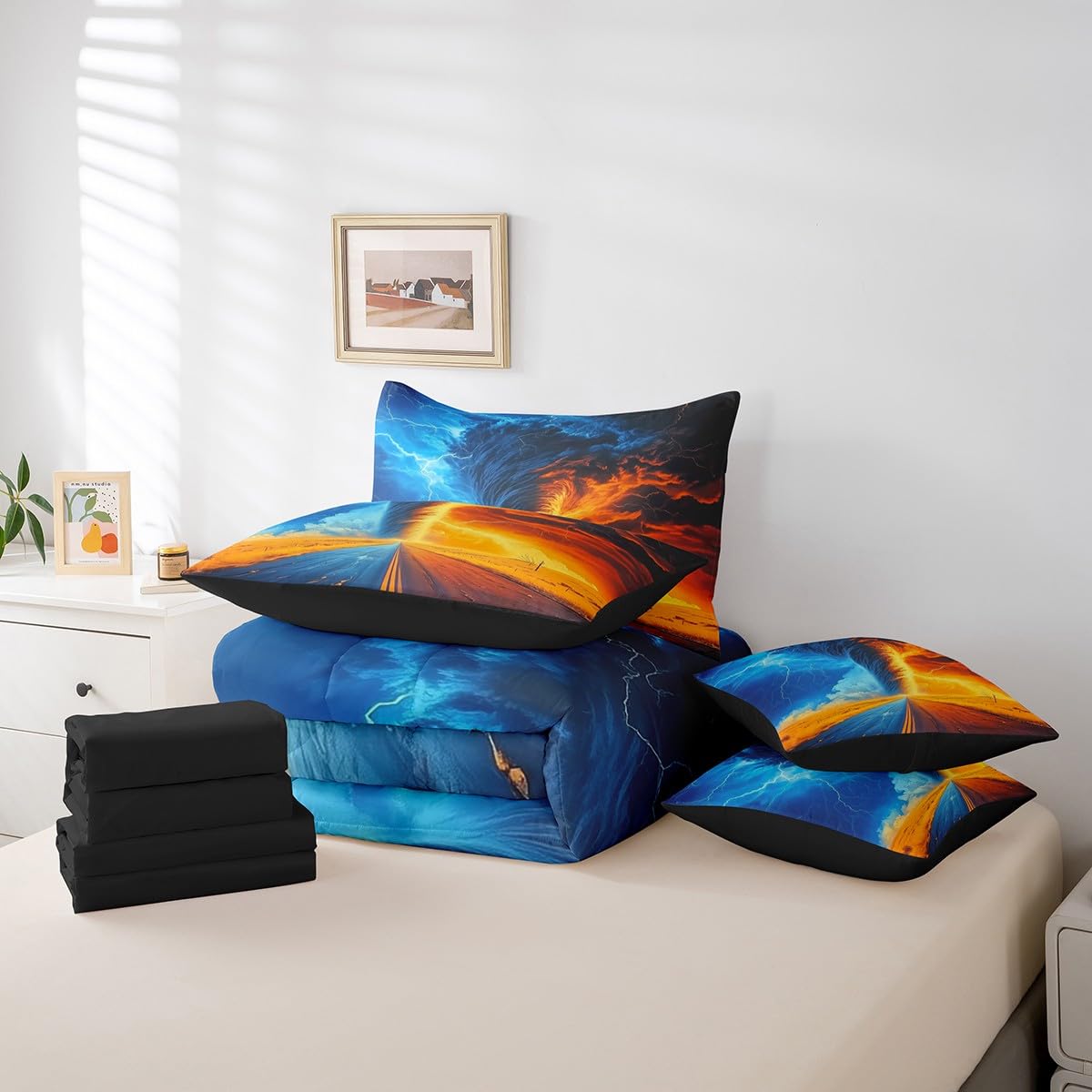 Erosebridal Ice Fire Tornado Comforter Set Queen,Orange Blue Lightning Bedding Set for Kids,Nature Weather(Comforter+Fitted+Flat Sheet+2 Pillowcases+2 Pillow Covers),Natural Disaster 7 Pcs Bed Set