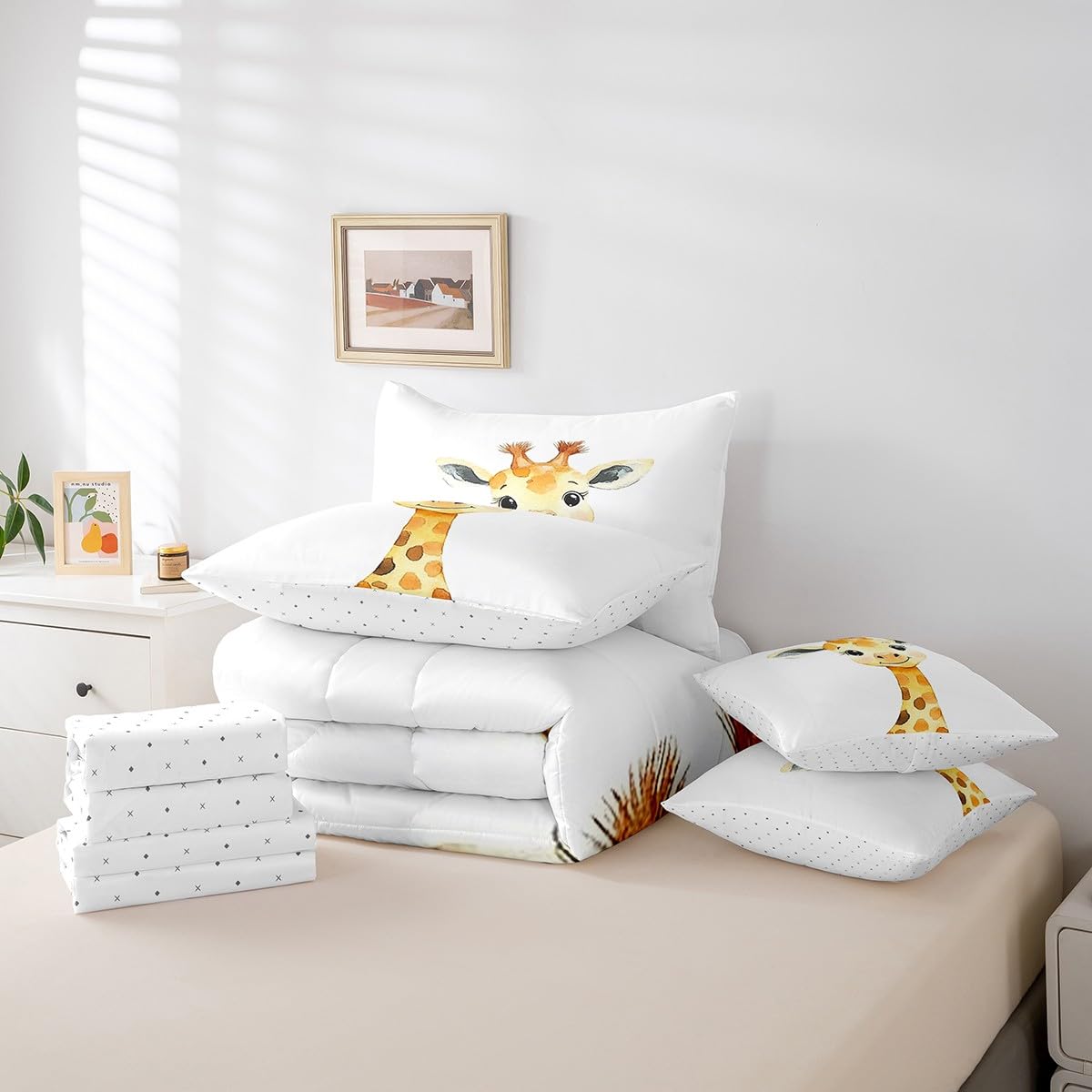 Erosebridal Kawaii Giraffe Twin Size Comforter Set with Sheets Kids | African Jungle Animal 7-Piece Bedding Set Tropical Forest Wildlife Pattern Bed in a Bag Cartoon Wild Safari Animal Bed Quilt Sets