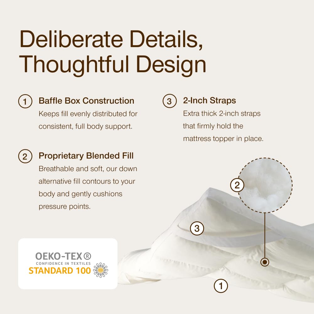 Coop Home Goods Essence Down Alternative Mattress Topper Twin, Plush 2-Inch Gusset and Baffle Box Design for Even Support and Comfort, Premium Bed Topper for Pressure Relief, Oeko-TEX Certified