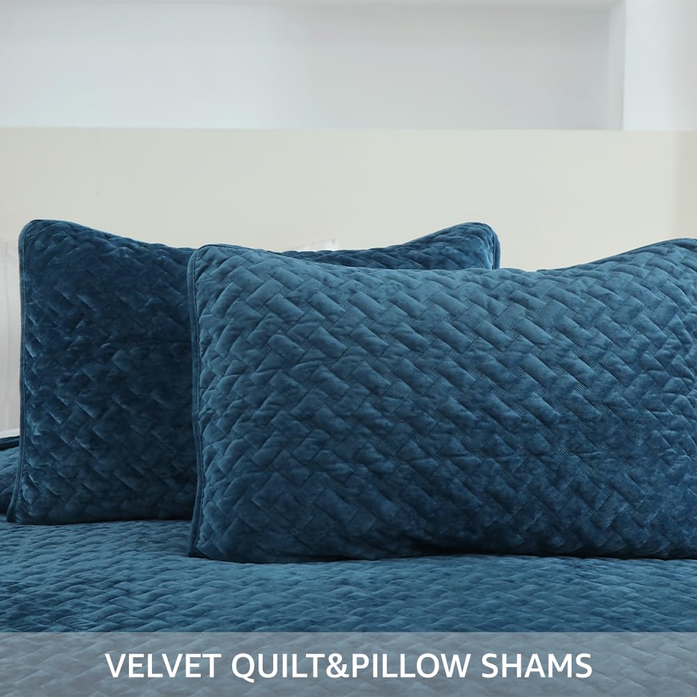 Liians Velvet Bedspread Quilt Bedding Sets,Luxury Elegant Ultra Soft Velvet Comforters Coverlet Blankets,Weave Stitching Pattern Cotton Quilted Bedspread for All Seasons,Azure Blue,King Size