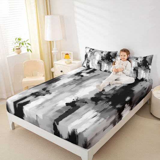 Feelyou Abstract Fitted Sheet Queen Size for Kids Boys Girls Modern Abstract Bed Sheets Set 16" Deep Pocket Soft Breathable Microfiber Blck White Bedding with 2 Pillowcases Room Decor