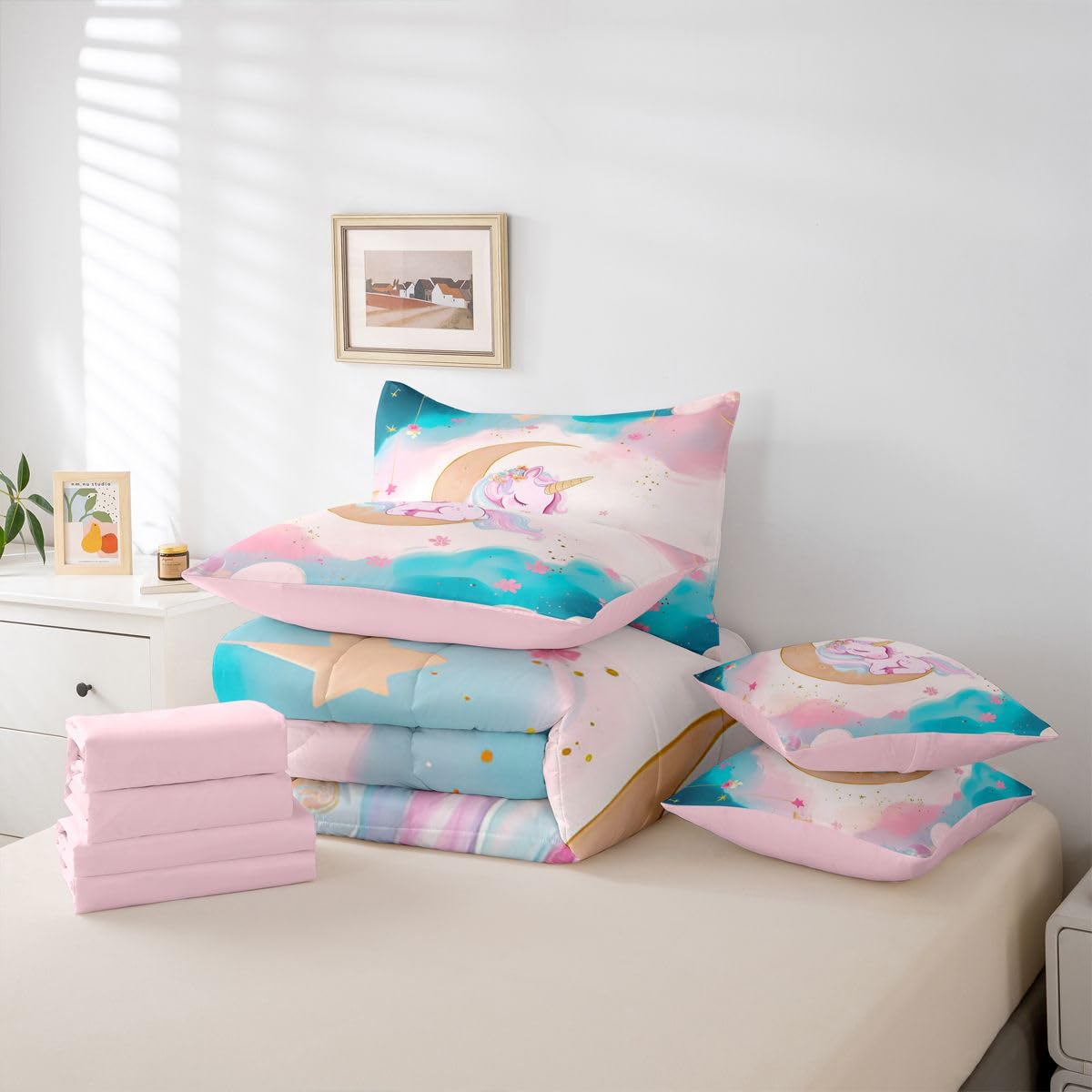 Erosebridal Pink Unicorn Bedding Set 7 Pieces Twin Size for Girls Kids Cute Rainbow Unicorn Comforter Set with Sheets Gradient Blue Pink Princess Bed in A Bag Dreamy Moon Bed Sets All Season