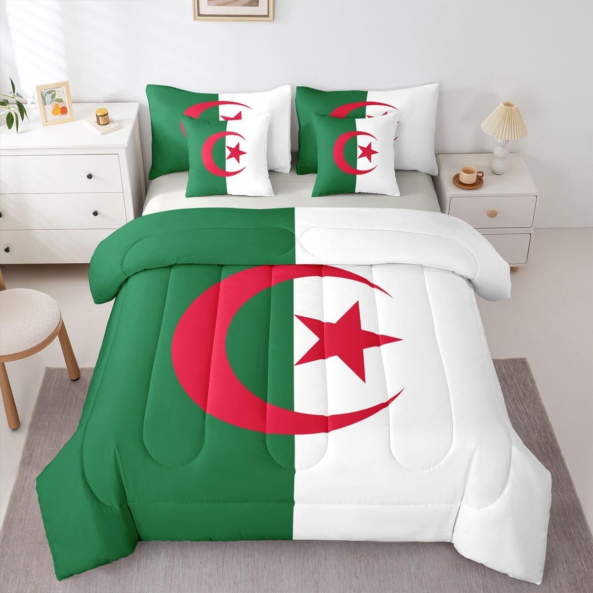 Feelyou Flag of Algeria Comforter Set King SizeAlgerian 7 Pcs Bedding for Kids and AdultsInternational Flag Boys Girls Bed in a Bag Bed Sheet Sets with Fitted Sheet Pillowcases for Bedroom Bed Decor