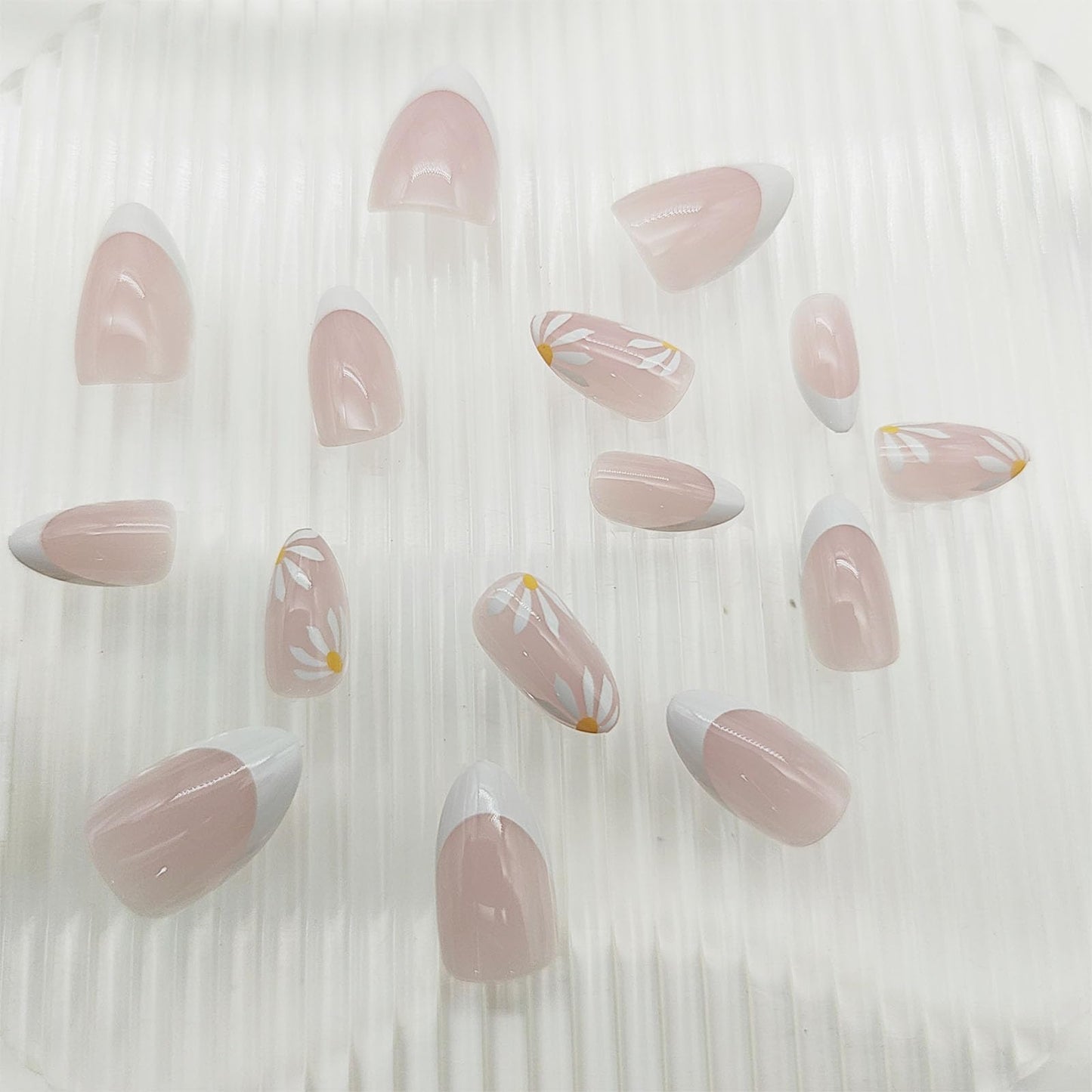 French Tip Press on Nails Short Almond Fake Nails White Stick on Nail with Simple Flower Design Glossy Glue on Nail Women Summer Manicure 24Pcs