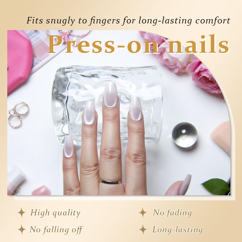 evpct Pearl White Nude Cat Eye Coffin Press on Nails Medium Square No Glue, Stick on Nail Medium Square for Women, Pearl Metallic Glitter Glossy Reusable Soft Press on Acrylic Fake Nail with Designs